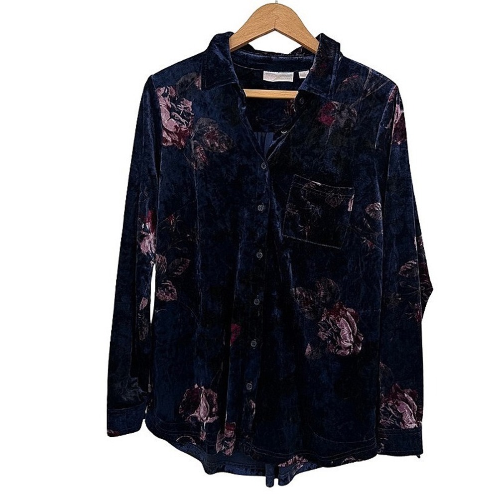Belle by Kim Gravel Floral Dark Blue Velvet Button Front Shirt Boho Grunge Small